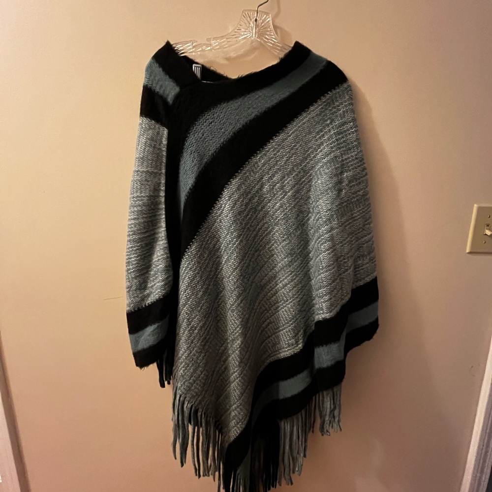 Black and Gray Knit Poncho Shrug with Fringe
